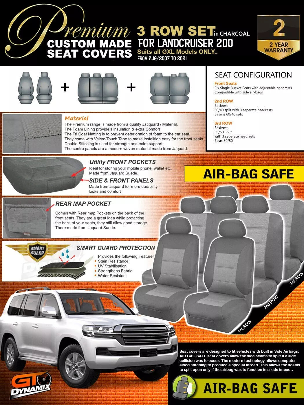 Premium Seat Covers 3 Rows Charcoal Grey For Toyota Landcruiser 200 Series GXL 2007-2021