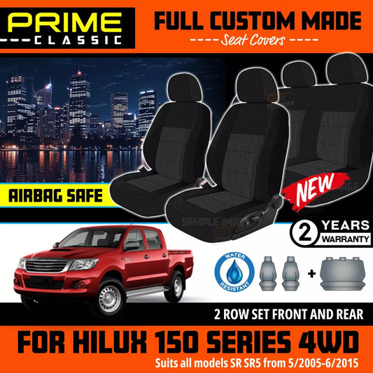 PRIME Classic Seat Covers 2 Rows Black For Toyota Hilux Dual Cab 150 SR5 KUN26 2005-2015
