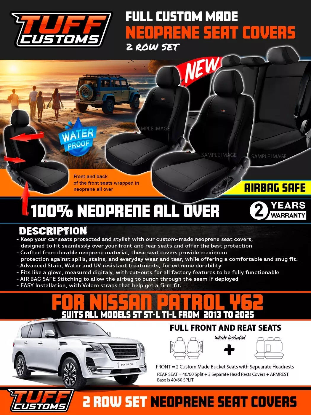 TUFF Customs Neoprene Seat Covers For Nissan Y62 PATROL TI TI-L ST 2013-2025 Black 2 Rows