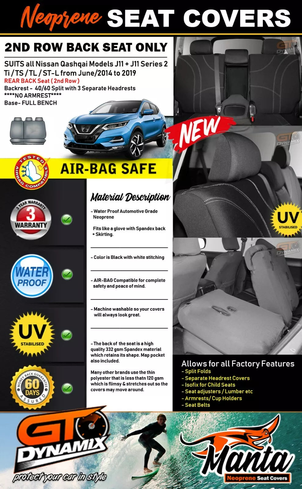 Manta Neoprene Rear Seat Covers For Nissan Qashqai Ti TS TL ST-L 6/2014-2022