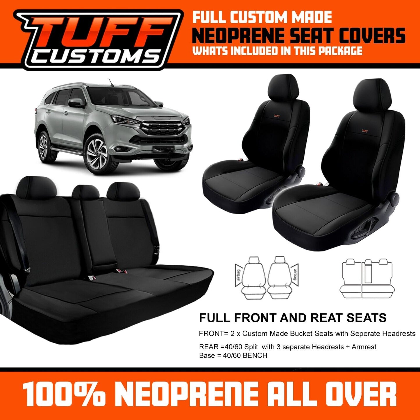 TUFF Customs Neoprene Seat Covers 2 Rows For Isuzu MU-X LS-U LS-M LS-T MUX 7/2021-24