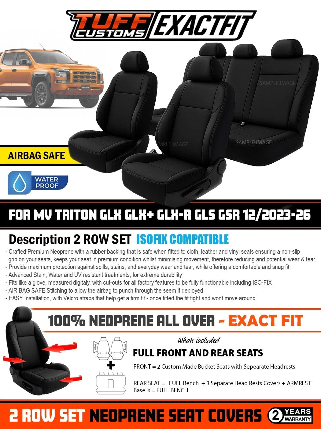 TUFF Customs EXACTFIT 2 Rows Neoprene Seat Covers Mitsubishi Triton MV GLX GLS GSR GLX-R 12/2023-2026