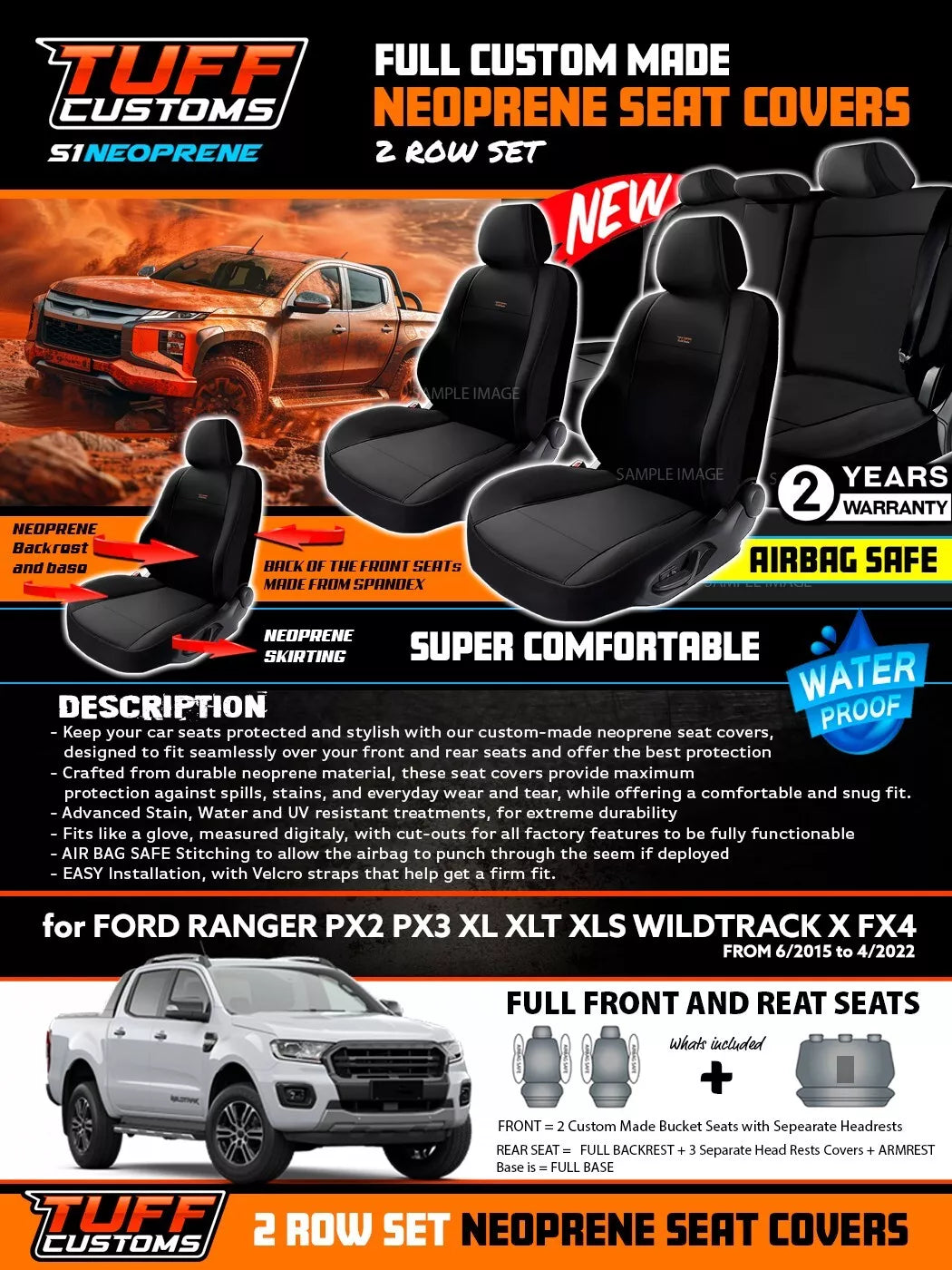 TUFF Customs S1 Neoprene Seat Covers 2 Rows For Ford RANGER PX2 PX3 XLT SPORT Wildtrack 2015-2022
