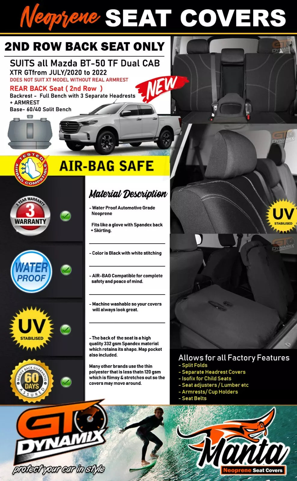 Manta Neoprene Rear Seat Covers For Mazda TF BT-50 XTR GT 7/2020-2024