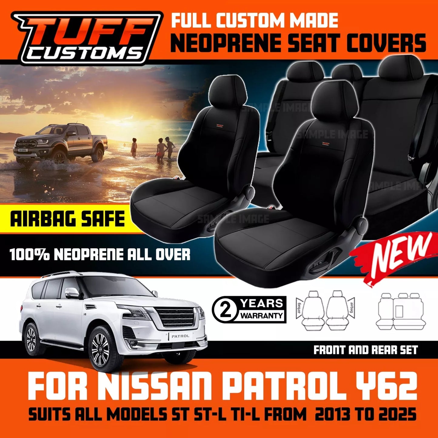 TUFF Customs Neoprene Seat Covers For Nissan Y62 PATROL TI TI-L ST 2013-2025 Black 2 Rows