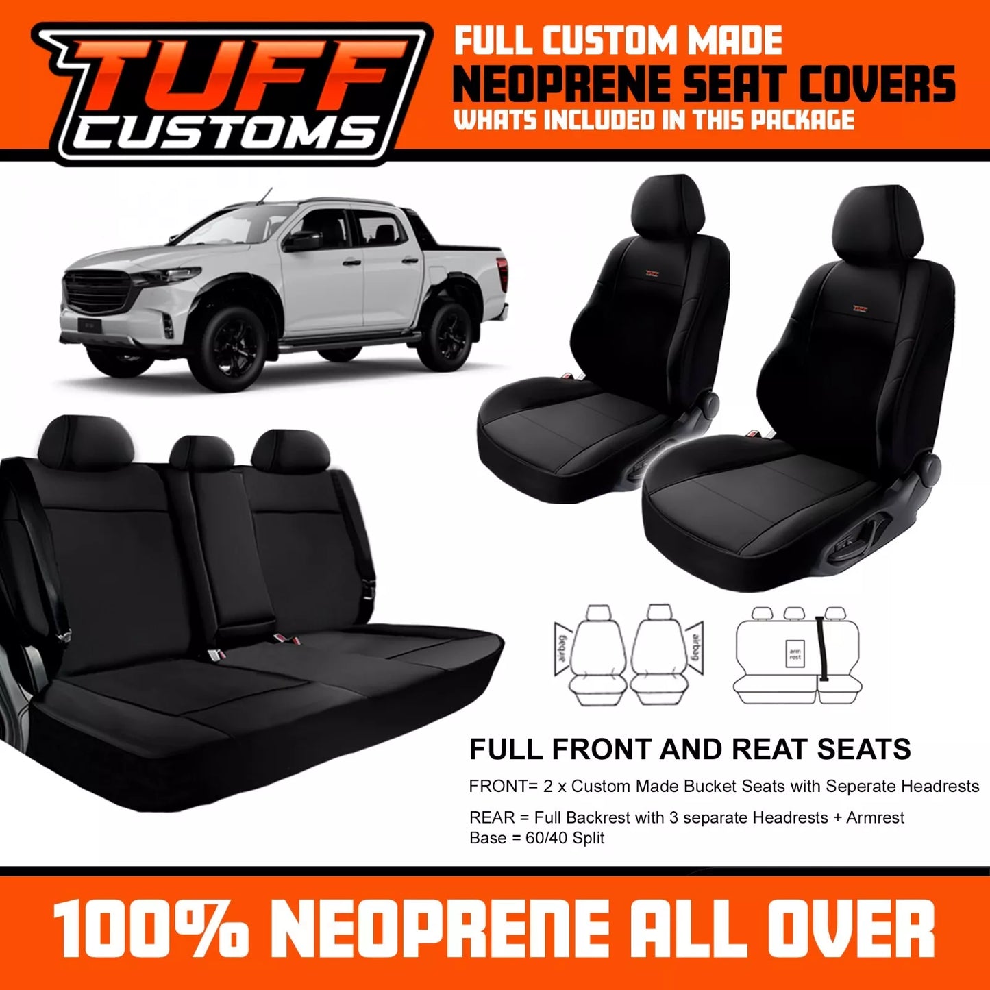 TUFF Customs Neoprene Seat Covers 2 Rows For Mazda BT50 TF XTR GT SP THUNDER 2020-25 BT-50