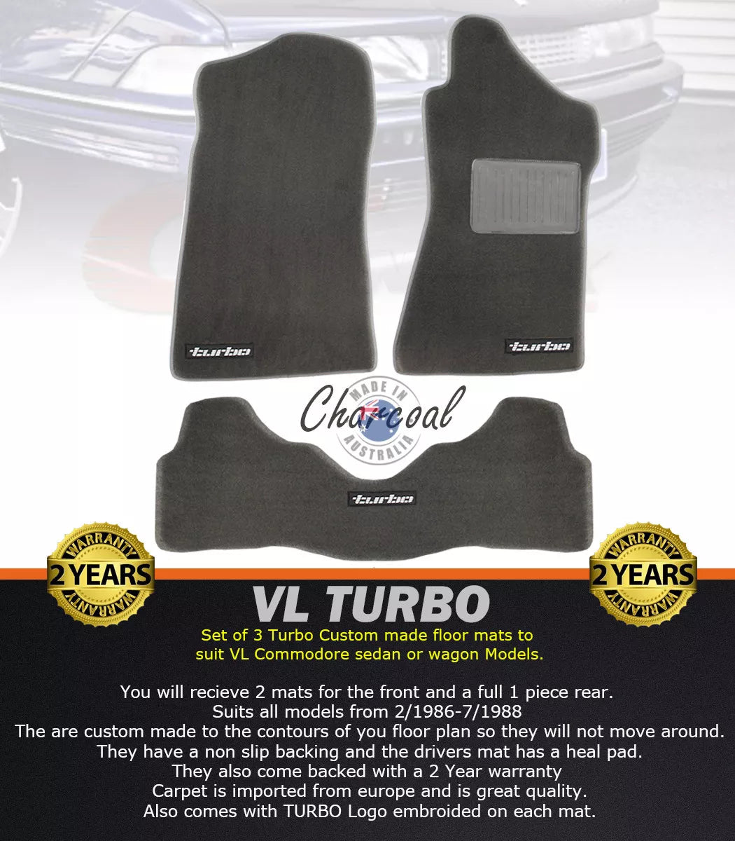 VL TURBO CUSTOM MADE FLOOR MATS SET OF 3 Charcoal with Silver Badge Calais BT1