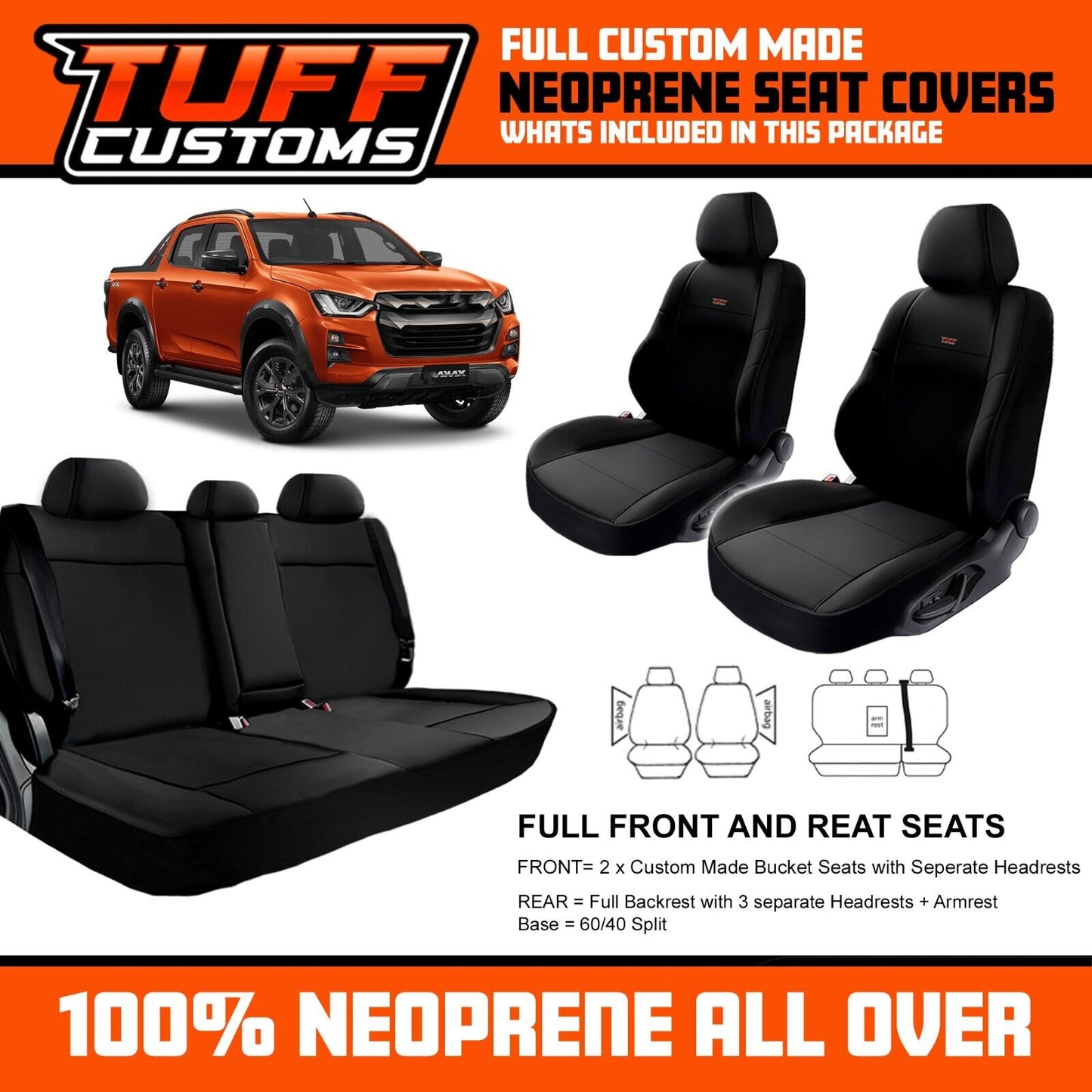 TUFF Customs Neoprene Seat Covers 2 Rows For Isuzu D-MAX TF LS-U LS-M X-TERRAIN 2021-2024