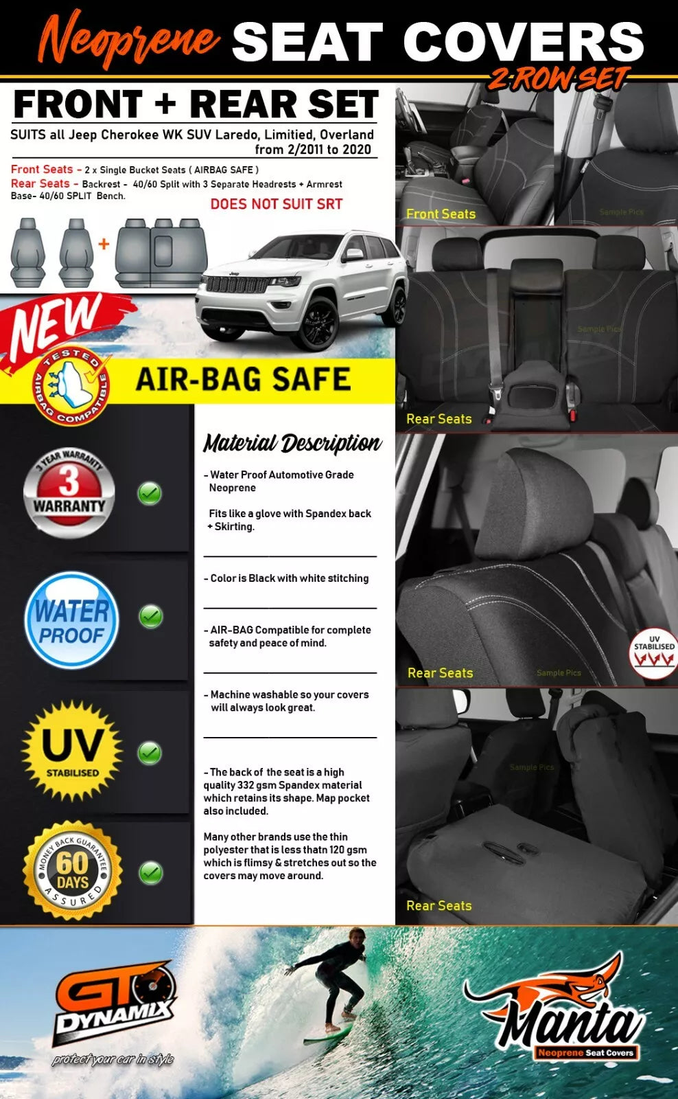 Manta Neoprene 2 Rows Seat Covers For Jeep Cherokee WK Laredo Limited 2011-2021