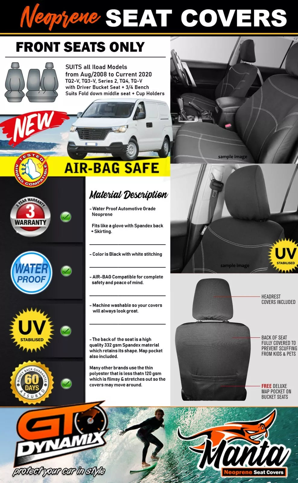 Manta Neoprene Front Seat Covers For Hyundai iload TQ Van 2008-2021