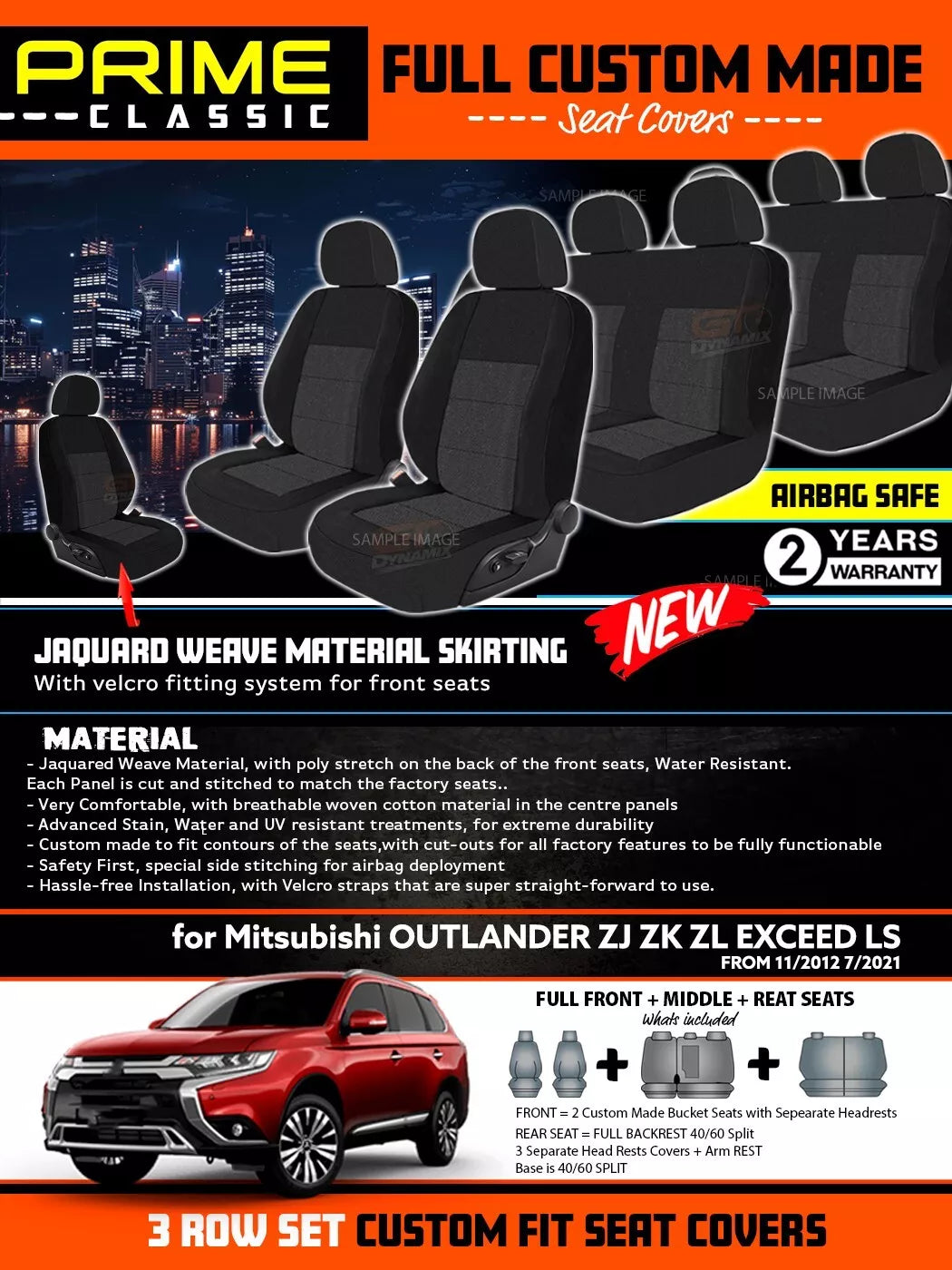PRIME Classic Seat Covers 3 Rows Black For Mitsubishi OUTLANDER ZJ ZK ZL 2012-7/2021
