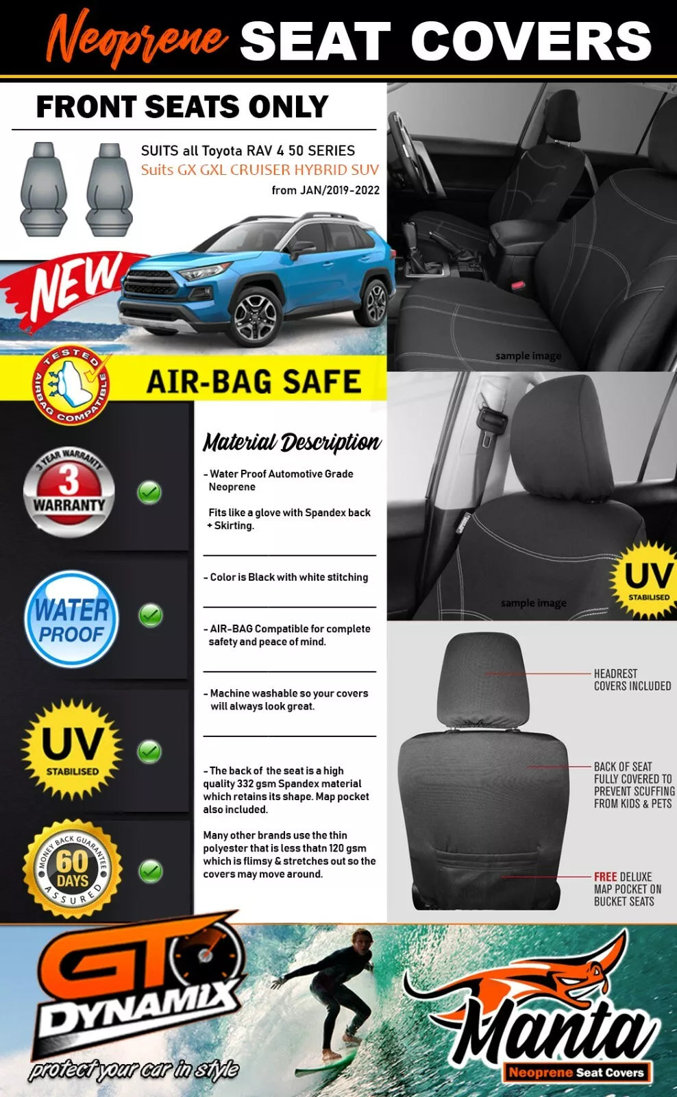 Manta Neoprene Front Seat Covers For RAV 4 50 Series MXAA52R AXAA54R 2019-2024