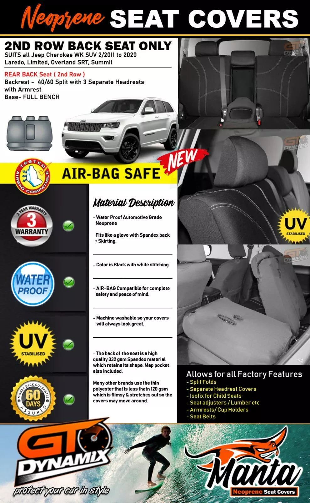 Manta Neoprene Rear Seat Covers For Jeep Cherokee Laredo WK 2/2011-2021