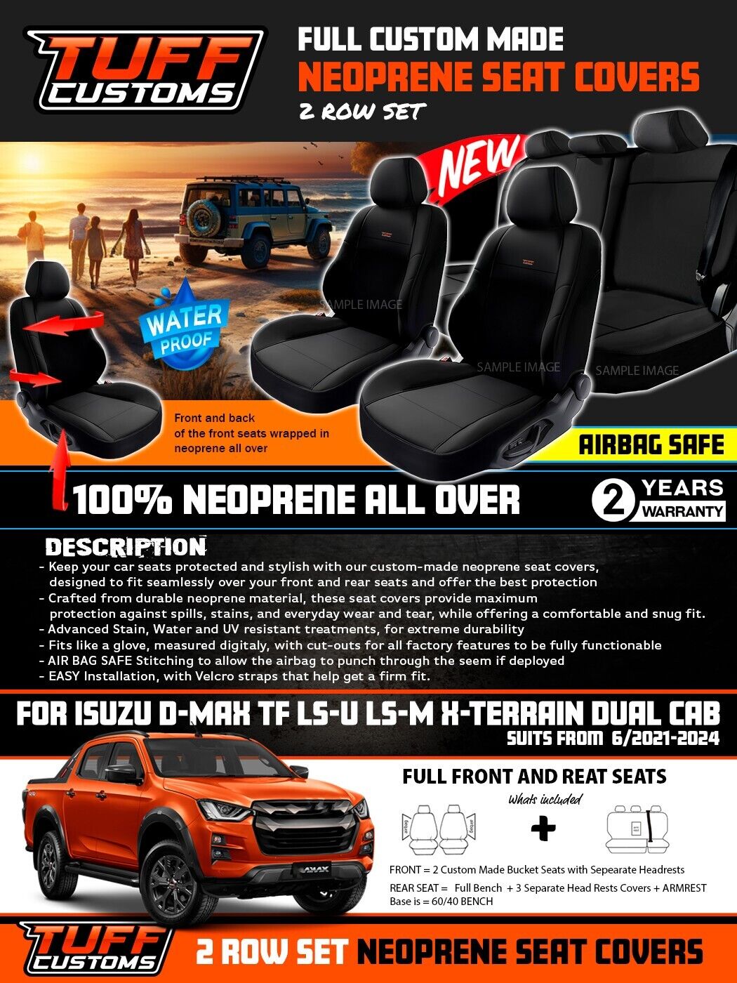 TUFF Customs Neoprene Seat Covers 2 Rows For Isuzu D-MAX TF LS-U LS-M X-TERRAIN 2021-2024