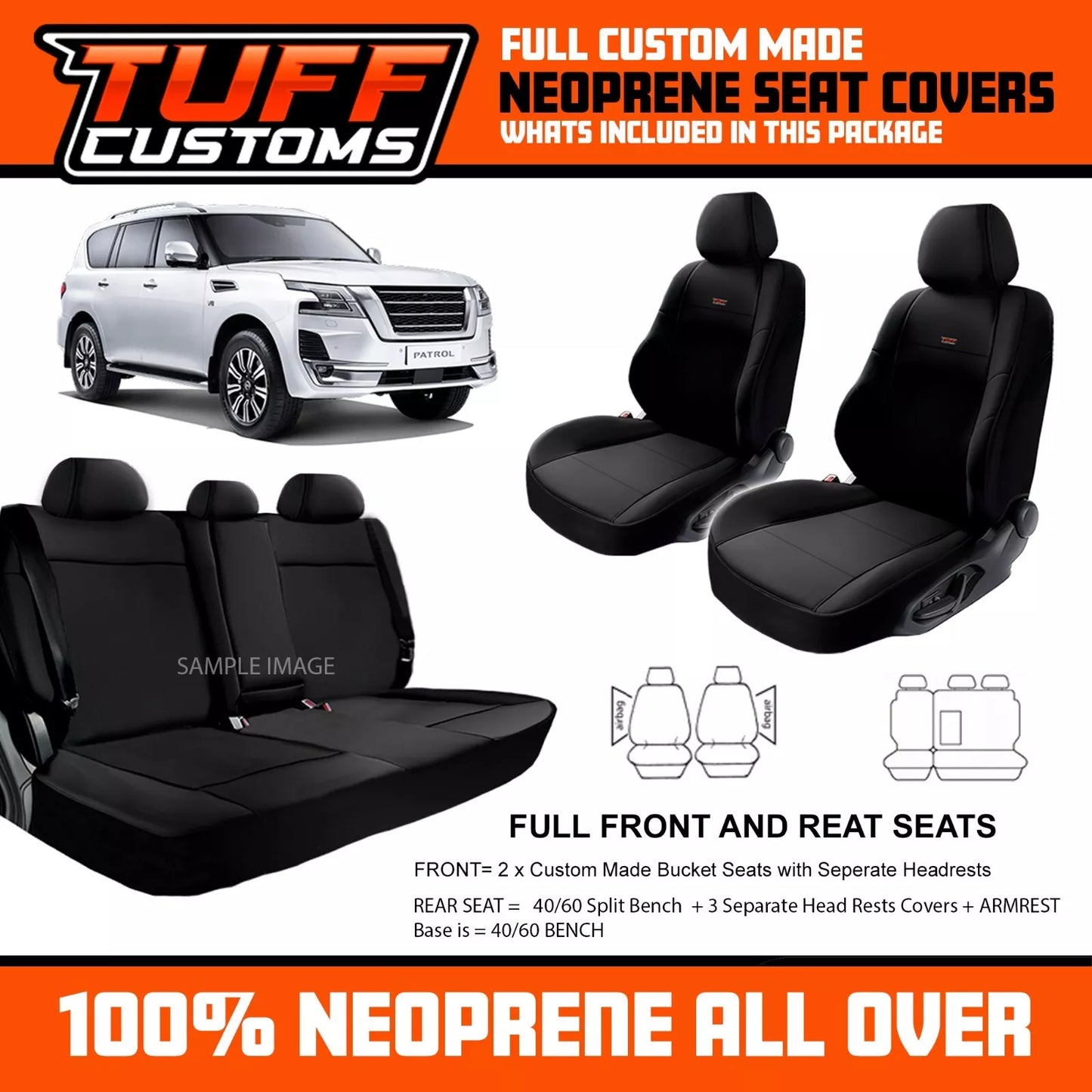 TUFF Customs Neoprene Seat Covers 2 Rows For Nissan Y62 PATROL TI TI-L ST 2013-2025