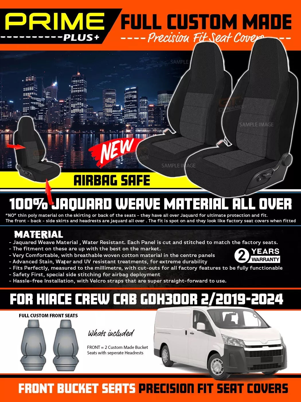 PRIME PLUS Black Custom Seat Covers Front For Toyota Hiace Crew Cab GDH300R 2/2019-2024