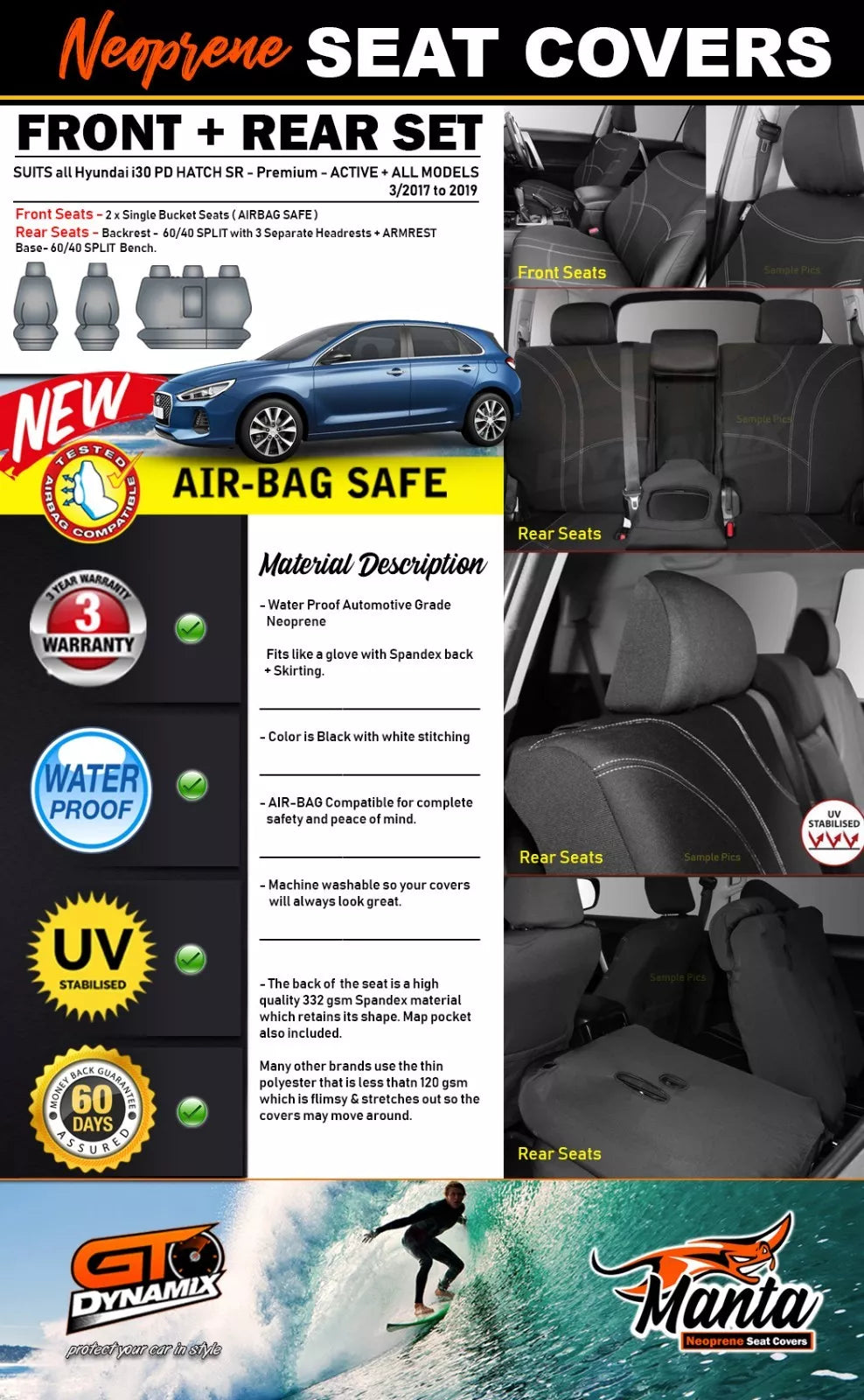 Manta Neoprene 2 Rows Seat Covers For Hyundai PD i30 Hatch SR GO Active 7/2017-2024