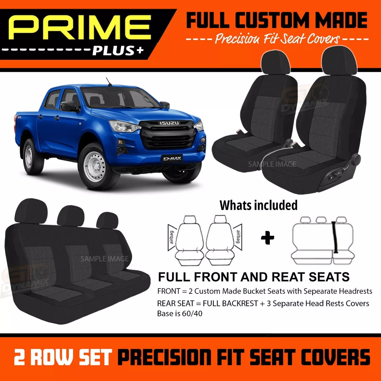 PRIME PLUS Seat Covers 2 Rows Black For Isuzu D-MAX TF SX MODELS ONLY 6/2021-2025