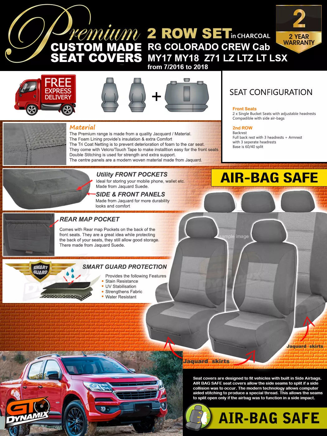 Premium Seat Covers 2 Rows Charcoal Grey For HOLDEN COLORADO RG Crew Cab LTZ LZ 7/2016-2020