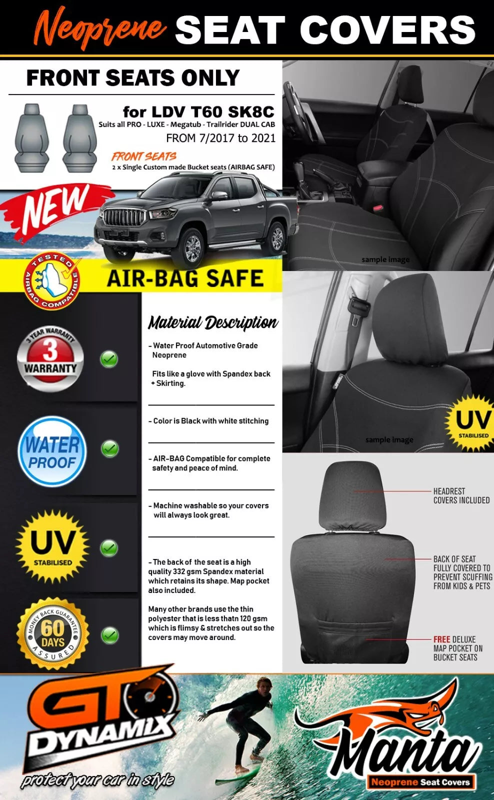 Manta Neoprene Front Seat Covers For LDV T60 SK8C Pro Trailrider Dual Cab 2017-2024