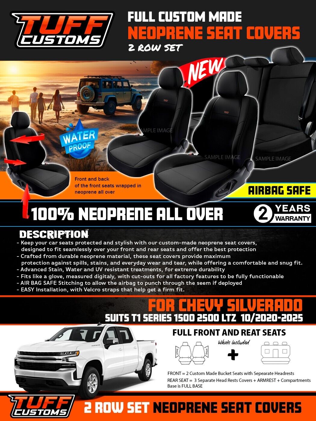 TUFF Customs Neoprene Seat Covers 2 Rows For Chevrolet Silverado T1 1500 2500 10/2022-2024