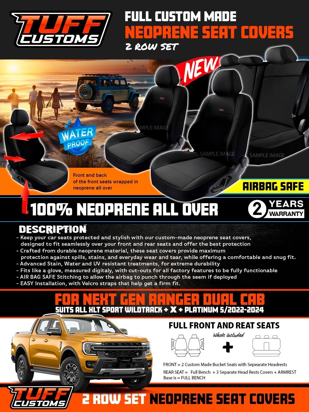 TUFF Customs Neoprene Seat Covers 2 Rows For FORD RANGER NEXT GEN XLT PLATINUM 5/2022-2025