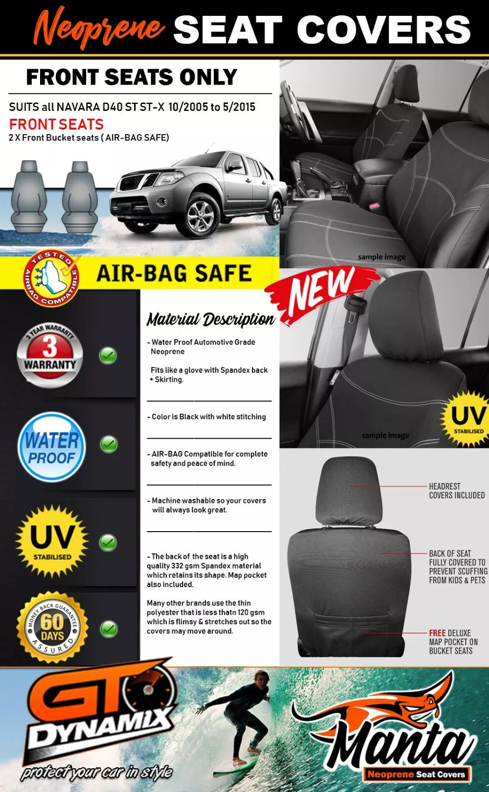 Manta Neoprene Front Seat Covers For Nissan Navara D40 ST ST-X 2005-2015