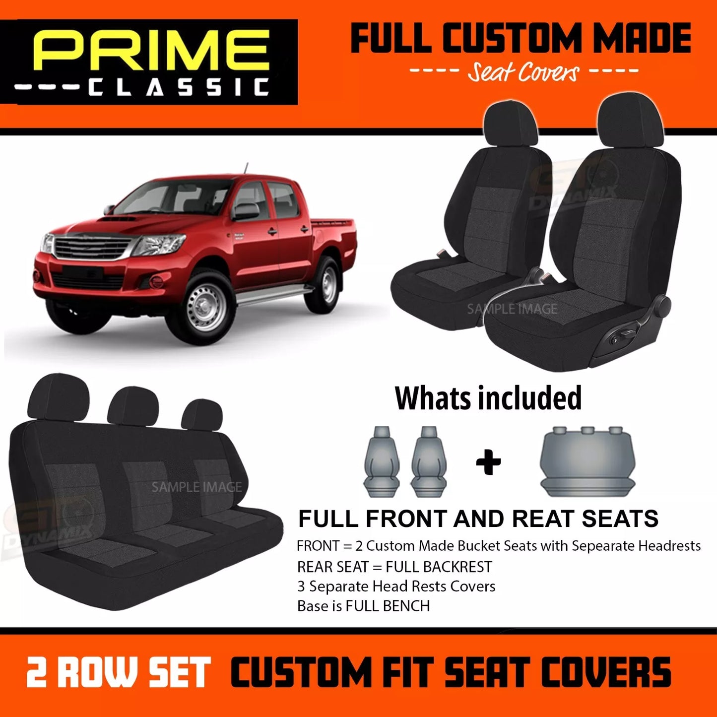 PRIME Classic Seat Covers 2 Rows Black For Toyota Hilux Dual Cab 150 SR5 KUN26 2005-2015