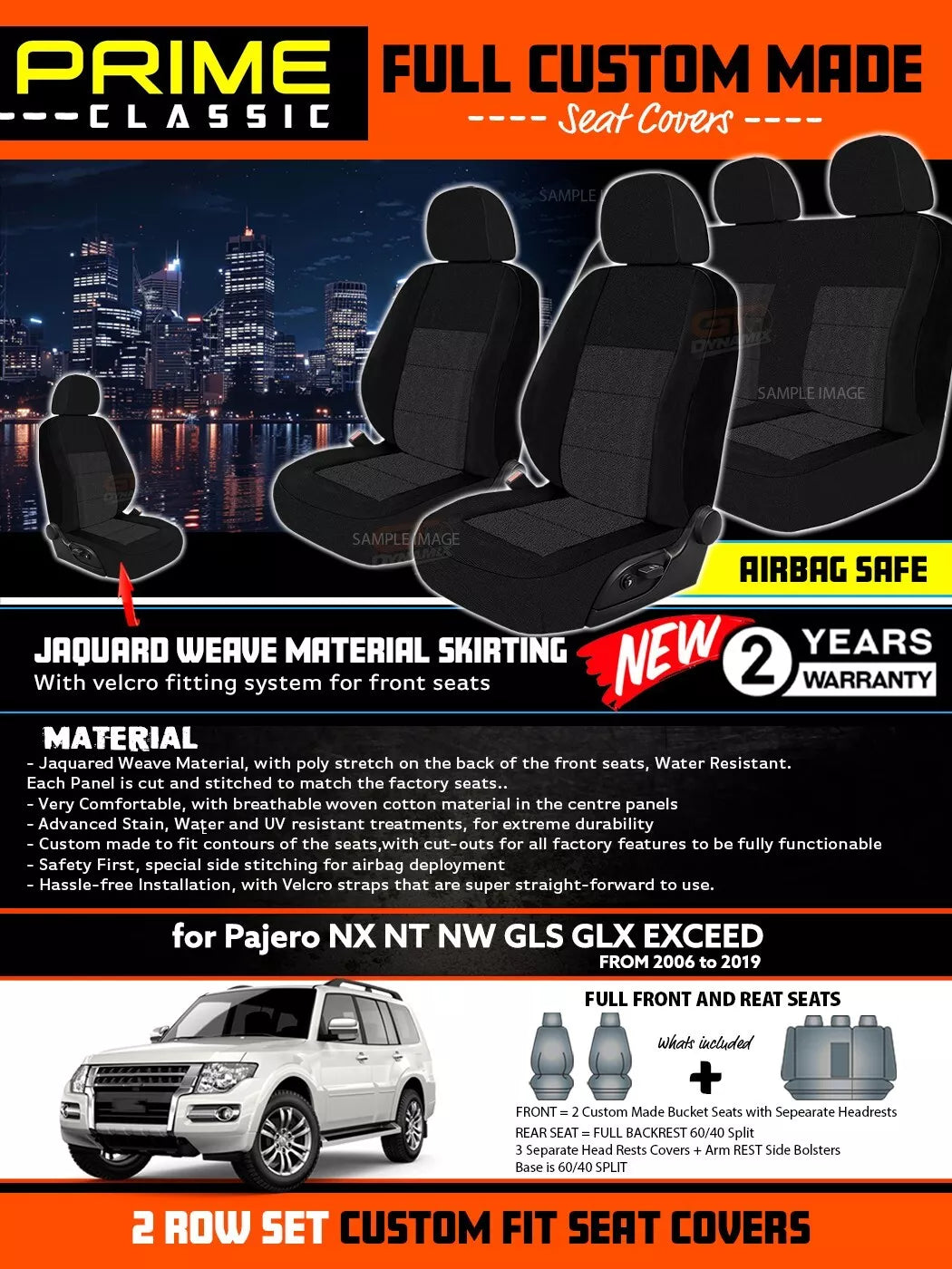 PRIME Classic Seat Covers 2 Rows Black For Mitsubishi Pajero NS NT NW NX GLS GLX VRX 2006-2021