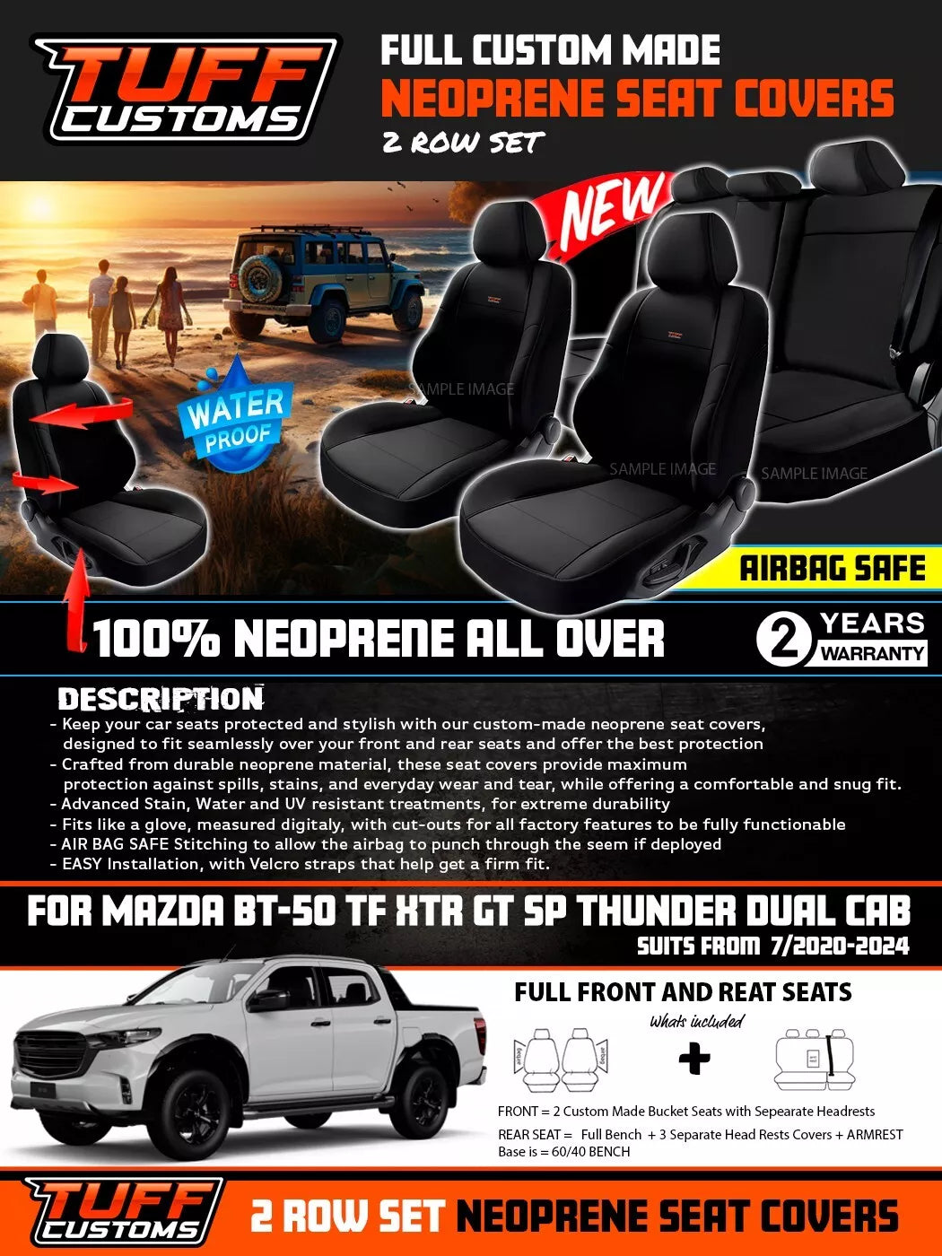 TUFF Customs Neoprene Seat Covers 2 Rows For Mazda BT50 TF XTR GT SP THUNDER 2020-25 BT-50
