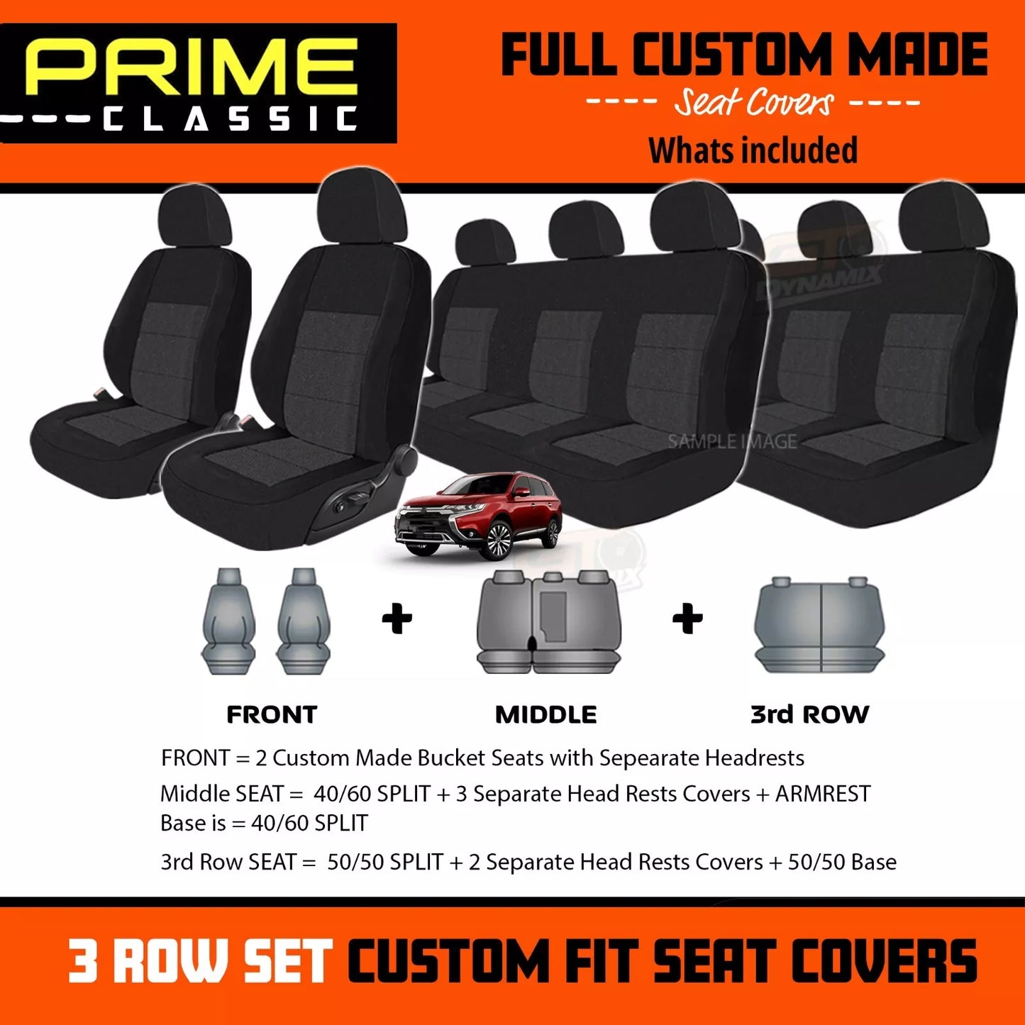 PRIME Classic Seat Covers 3 Rows Black For Mitsubishi OUTLANDER ZJ ZK ZL 2012-7/2021