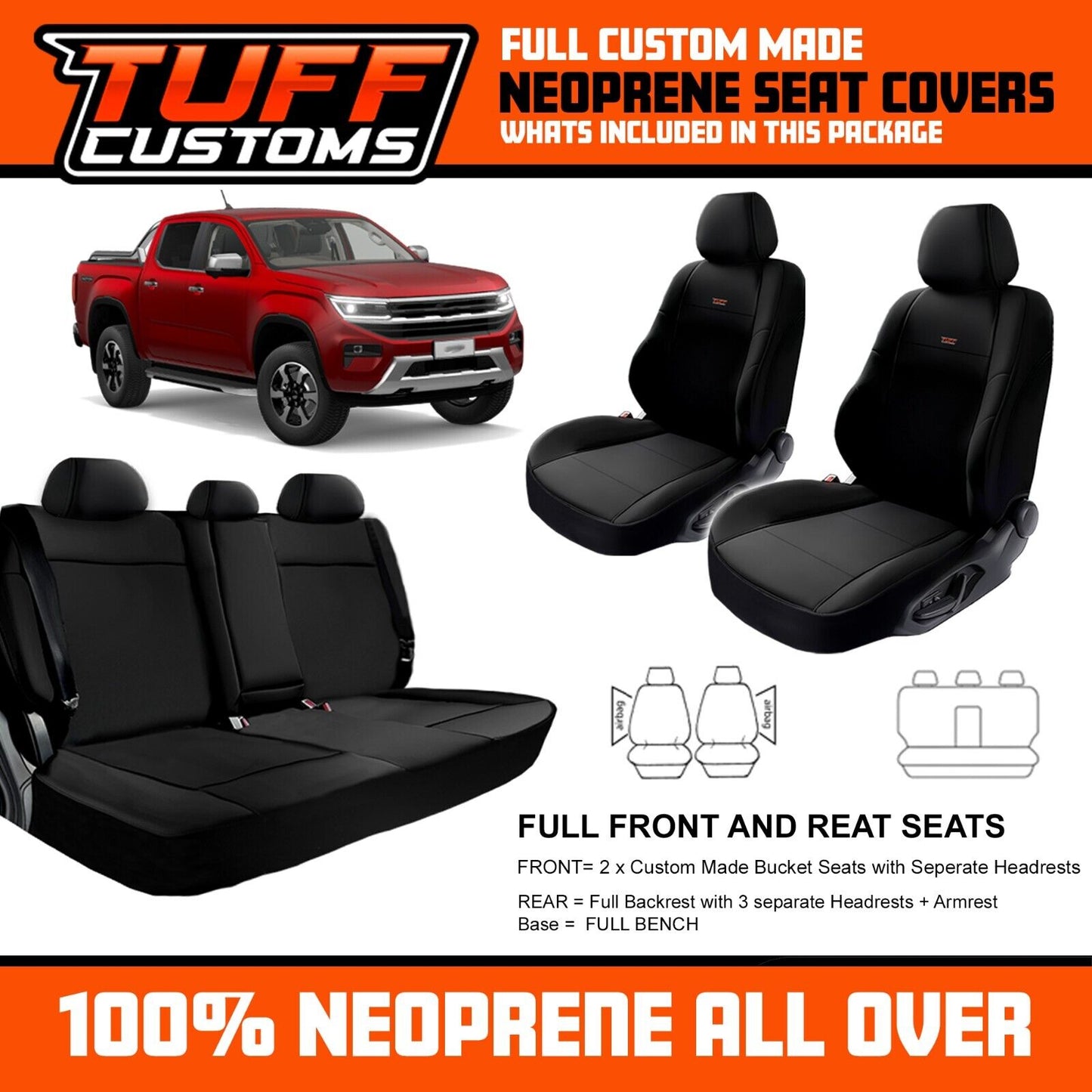 TUFF Customs Neoprene Seat Covers 2 Rows For Volkswagen Amarok NF Adventura LIFE CORE 12/2022-2025