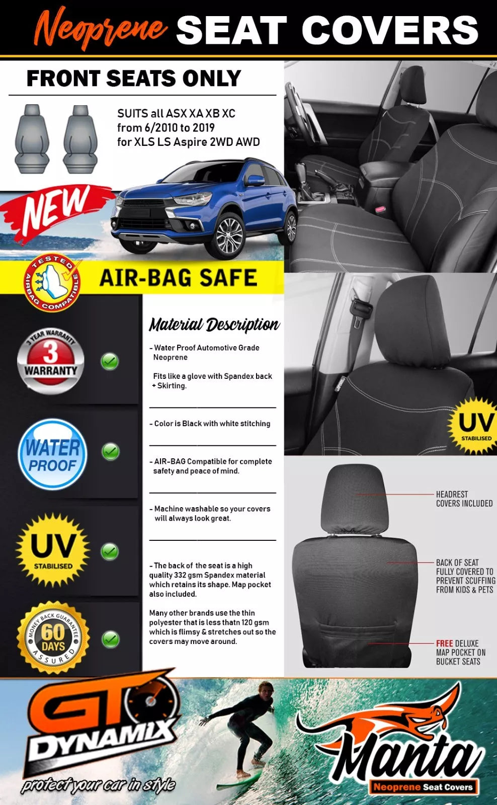 Manta Neoprene Front Seat Covers For Mitsubishi ASX XA XB 2010-2021