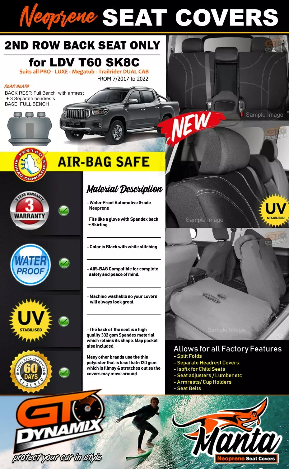 Manta Neoprene Rear Seat Covers For LDV T60 SK8C Pro Trailrider Dual Cab 7/2017-2024