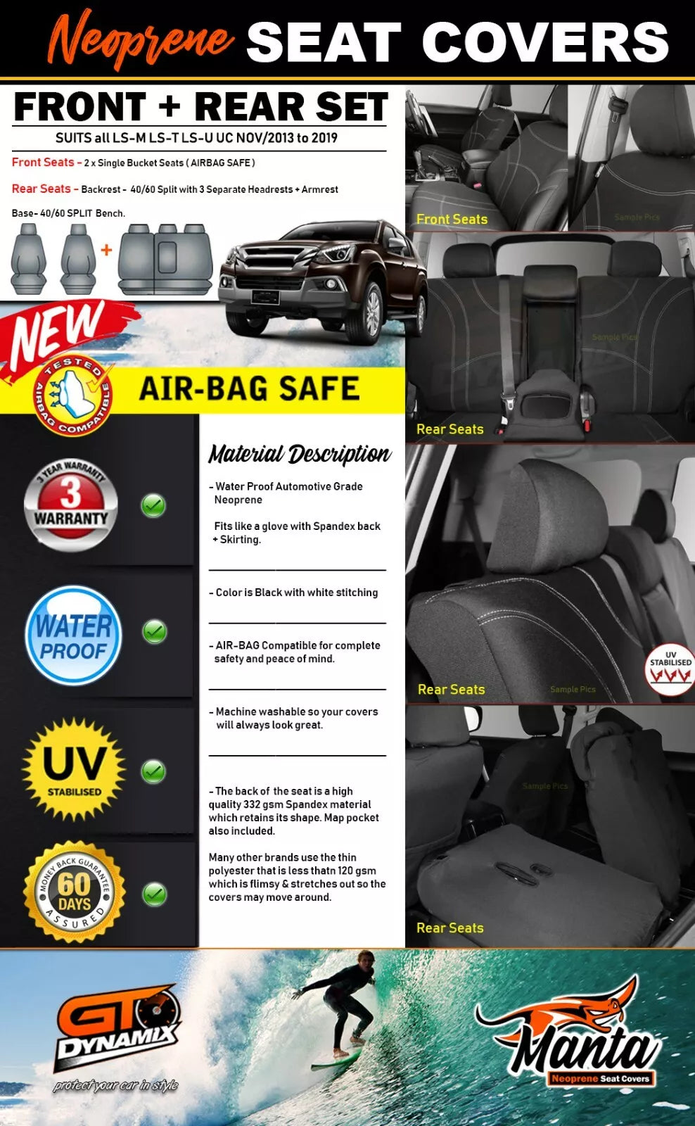 Manta Neoprene 2 Rows Seat Covers For Isuzu MU-X LSM UC LS-U 11/2013-6/2021