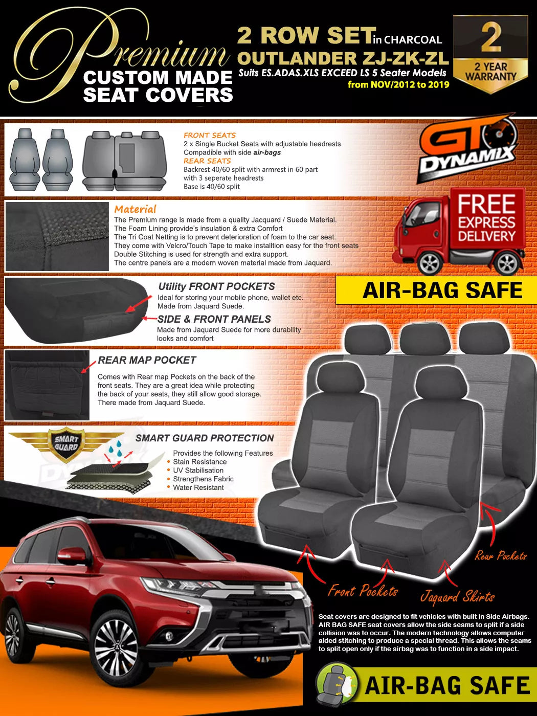 Premium Seat Covers 2 Rows Charcoal Grey For Mitsubishi OUTLANDER ZJ ZK ZL 2012-7/2021