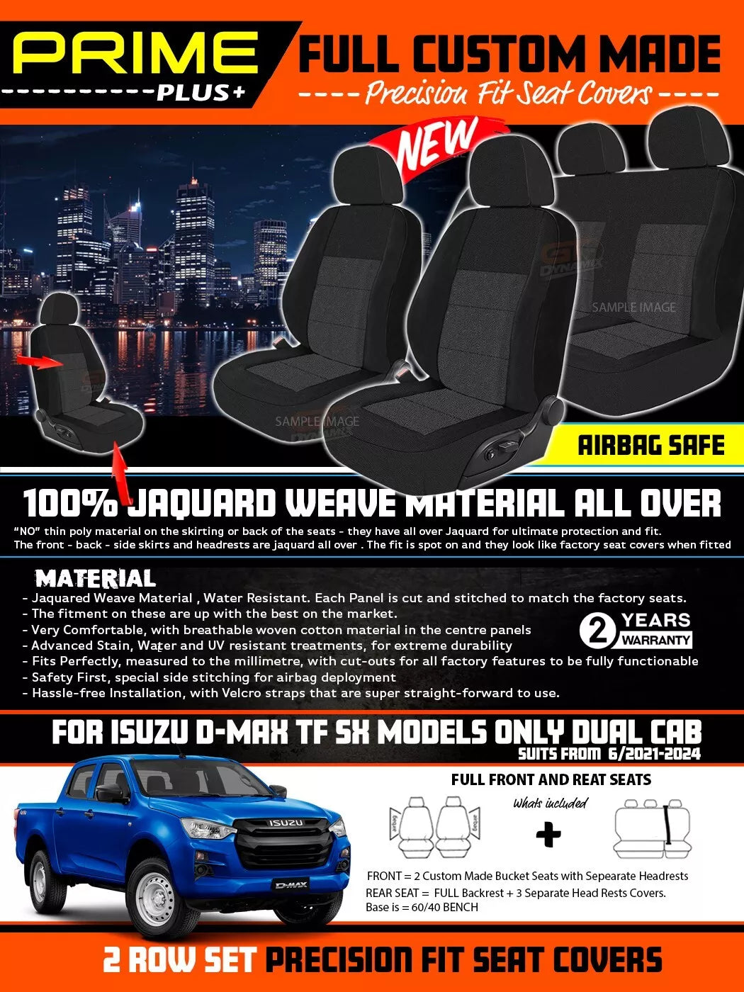 PRIME PLUS Seat Covers 2 Rows Black For Isuzu D-MAX TF SX MODELS ONLY 6/2021-2025