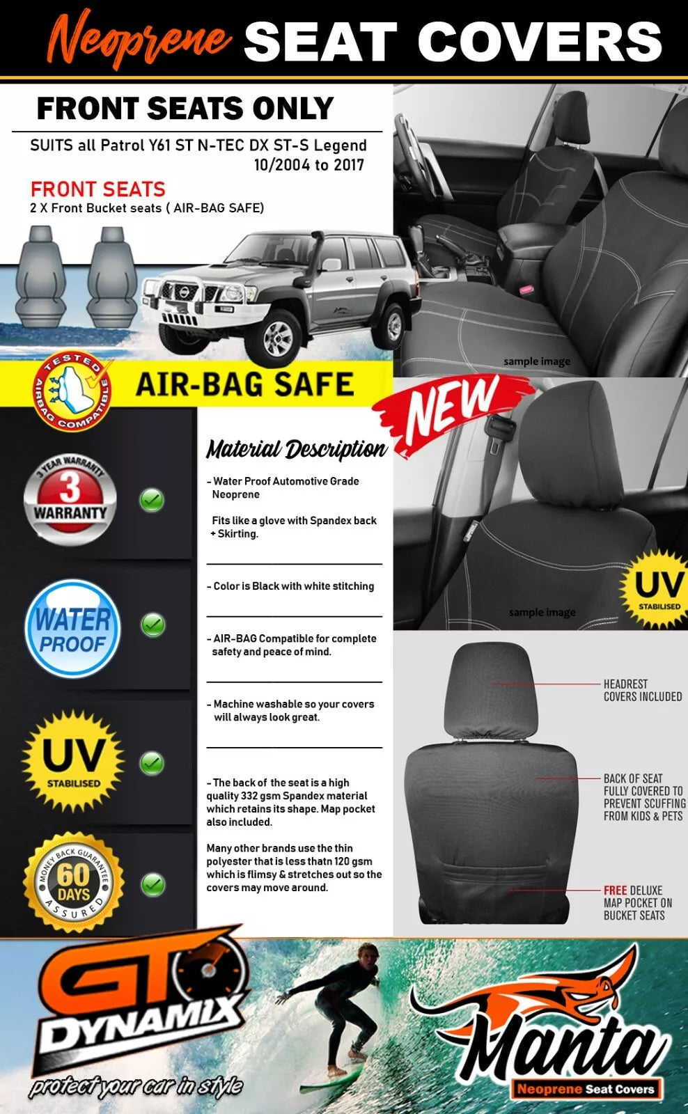 Manta Neoprene Front Seat Covers For Nissan Patrol Y61 ST DX ST-S Oct/2004-2017