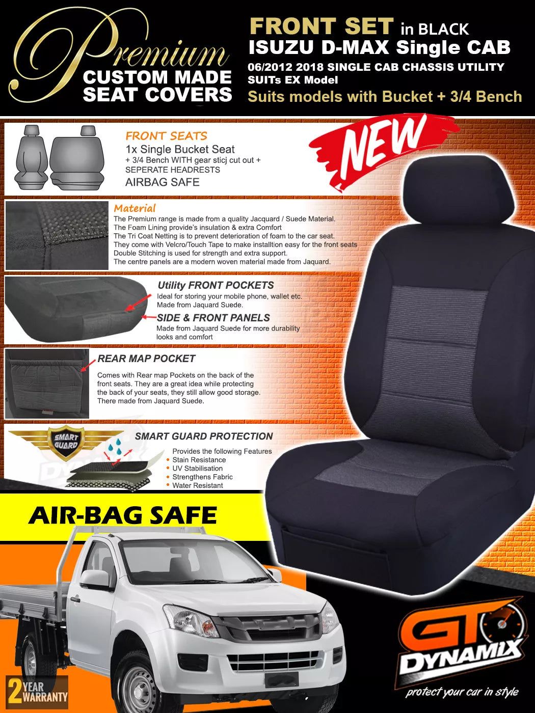 Premium Seat Covers Front Charcoal Grey For Isuzu DMAX EX 3/4 Bench 6/2012-6/2020 D-MAX