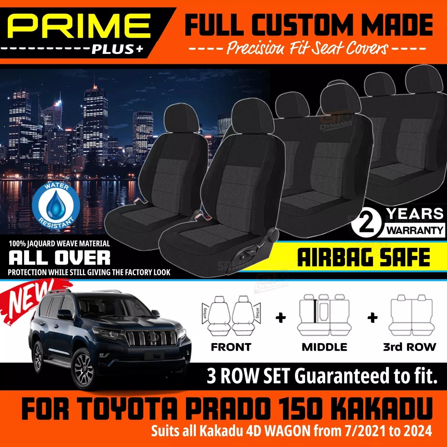 PRIME PLUS Seat Covers 3 Rows Black For Toyota Prado 150 Series Kakadu 7/2021-2024