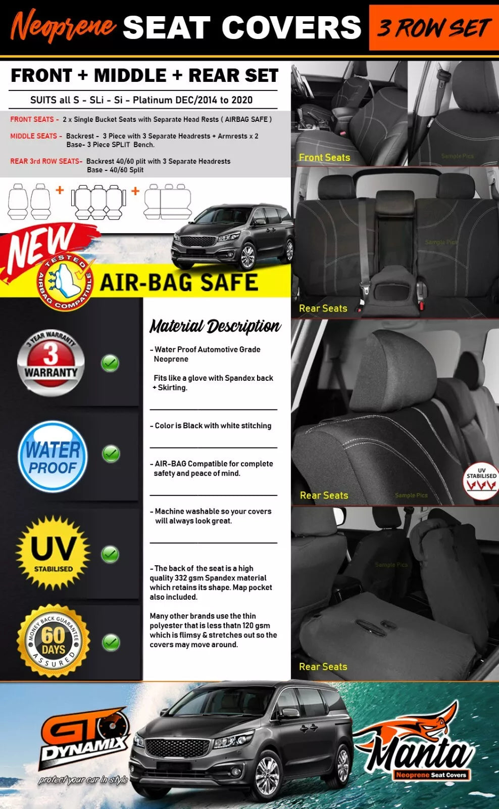 Manta Neoprene 3 Rows Seat Covers For Kia Grand Carnival YP Si SL-i S 2/2015-2020