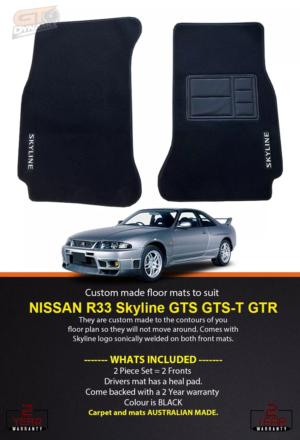 Front Custom Floor Mats For Nissan R33 Skyline in 1989-1993 GTS-T GTS GT-R BLACK