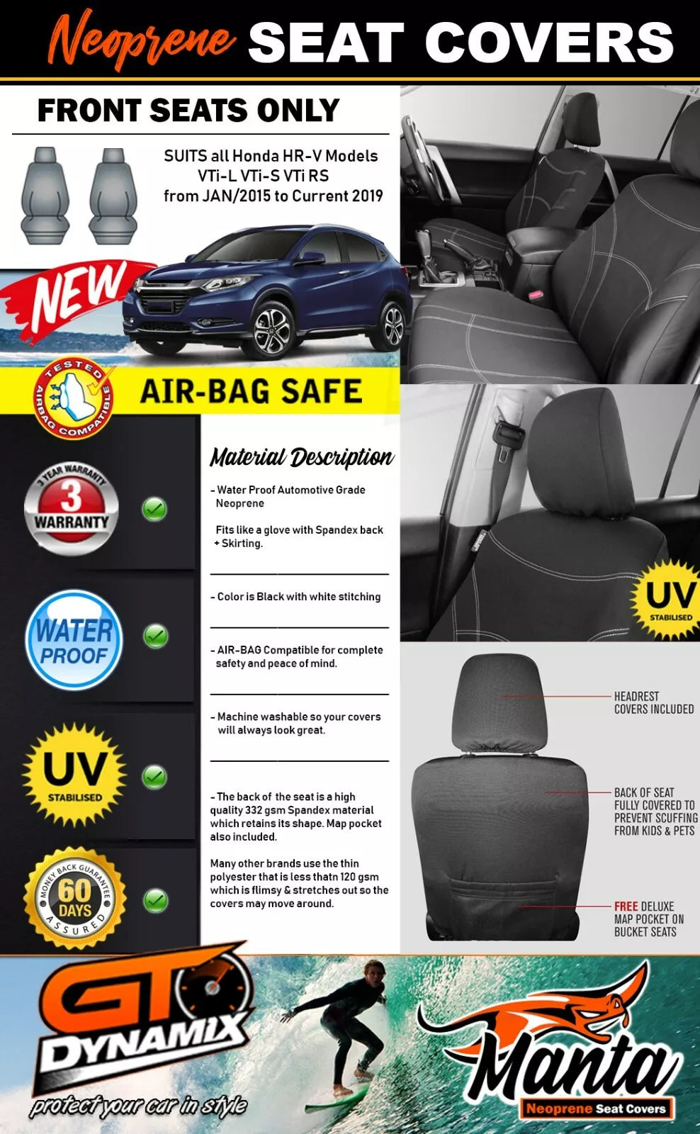 Manta Neoprene Front Seat Covers For Honda HR-V RU VTi-S VTi RS 2015-9/2021