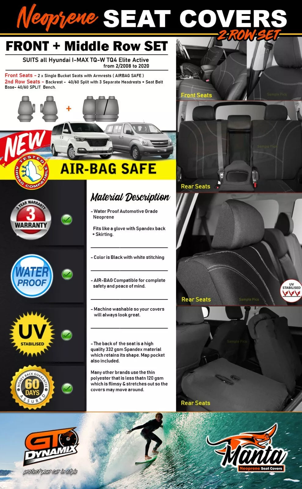 Manta Neoprene 2 Rows Seat Covers For HYUNDAI I-Max TQ-W TQ4 IMAX 2010-2021