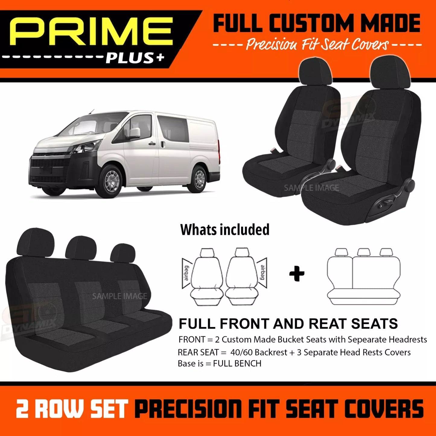 PRIME PLUS Seat Covers 2 Rows Charcoal Grey For TOYOTA HIACE CREW VAN GDH300R 2/2019-2024