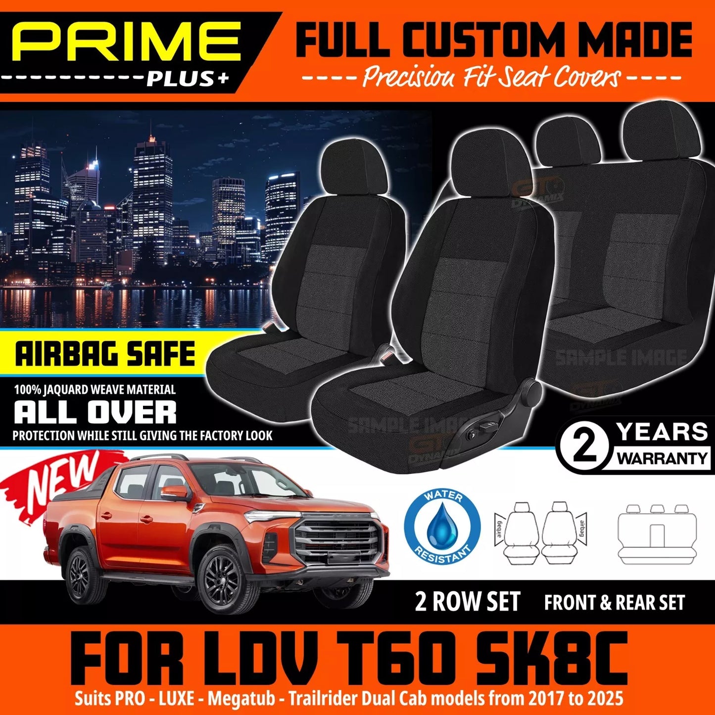 PRIME PLUS Seat Covers 2 Rows Black For LDV T60 PRO LUXE MEGATUB Trailrider 2017-2025