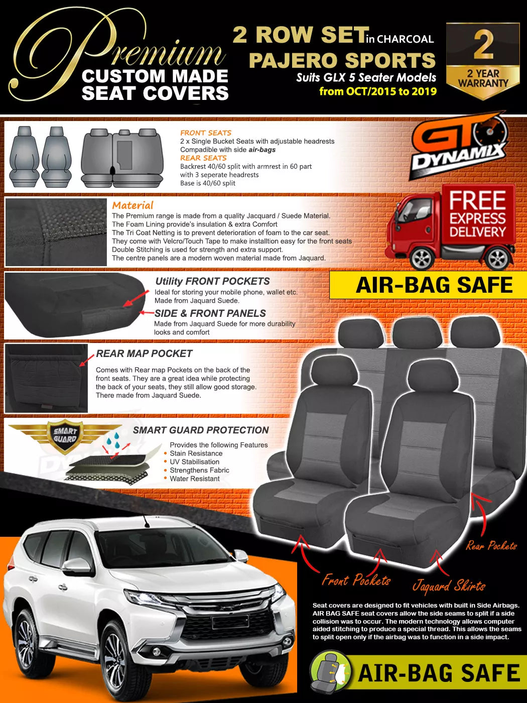 Premium Seat Covers 2 Rows Charcoal Grey For Mitsubishi Pajero SPORTS GLX -5 SEAT 10/2015-2019