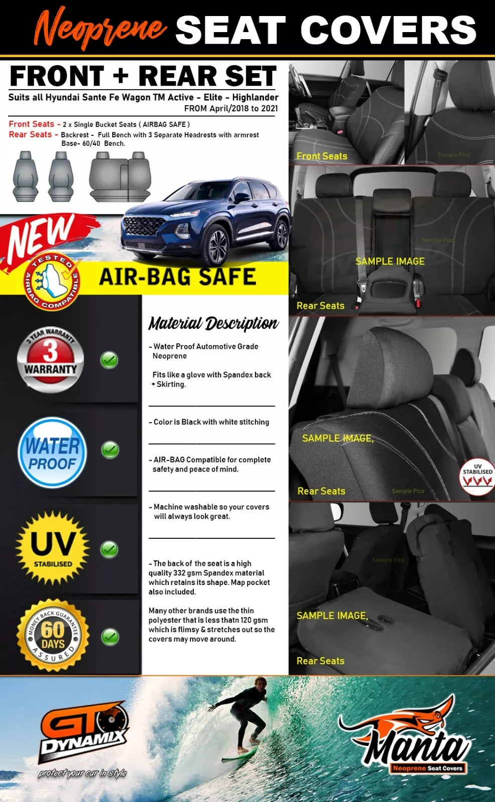 Manta Neoprene 2 Rows Seat Covers For Hyundai Santa Fe TM Highlander 4/2018-2024