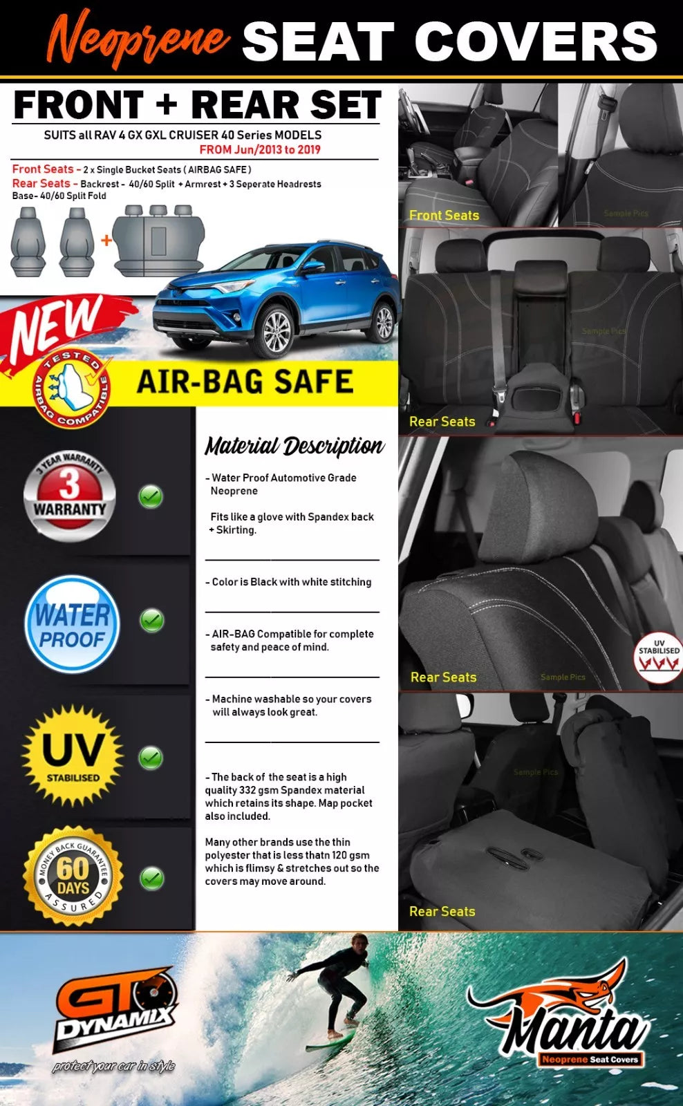 Manta Neoprene 2 Rows Seat Covers For Toyota Rav 4 40 Series GX GXL 6/2013-2019