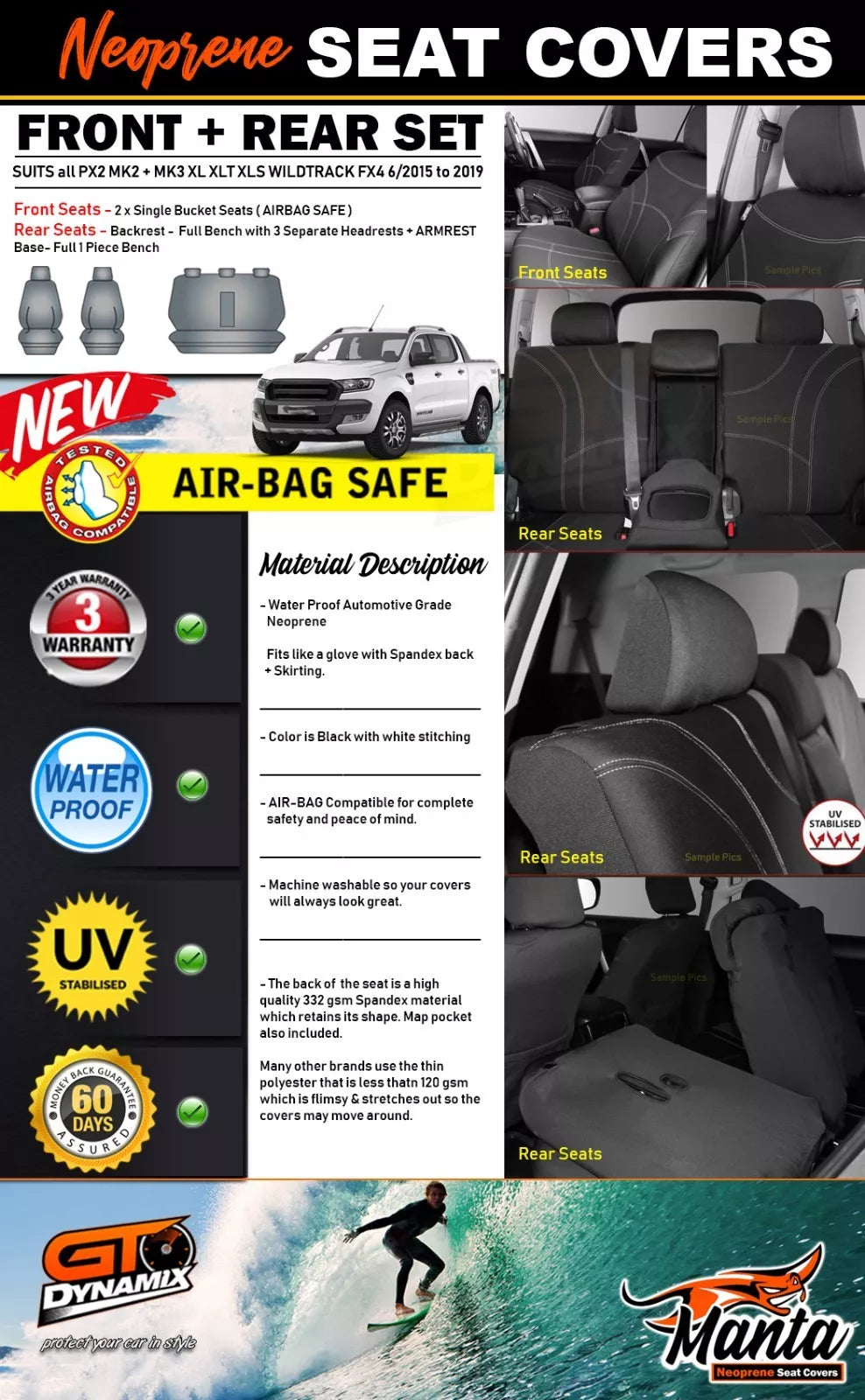 Manta Neoprene 2 Rows Seat Covers For FORD RANGER PX2 XL XLT Wildtrack 6/2015-2019